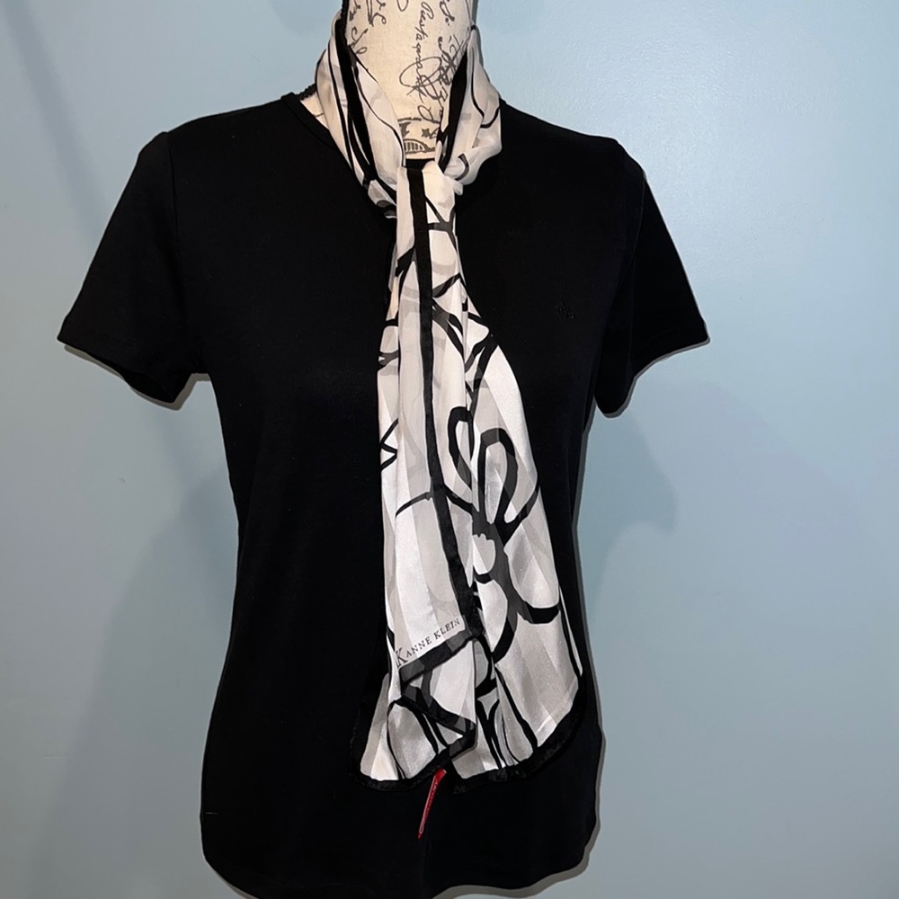 LAUREN Ralph Lauren black knit top w/ AK SCARF Anne Klein medium SPRING 🖤🤍